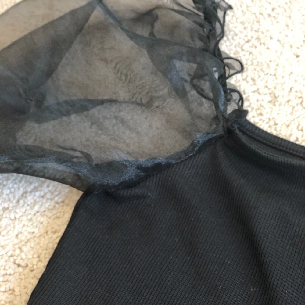 NWOT Altar'd State Black Sheer Puffy Sleeve Ribbed Crop Top Shirt Blouse - Picture 4 of 10